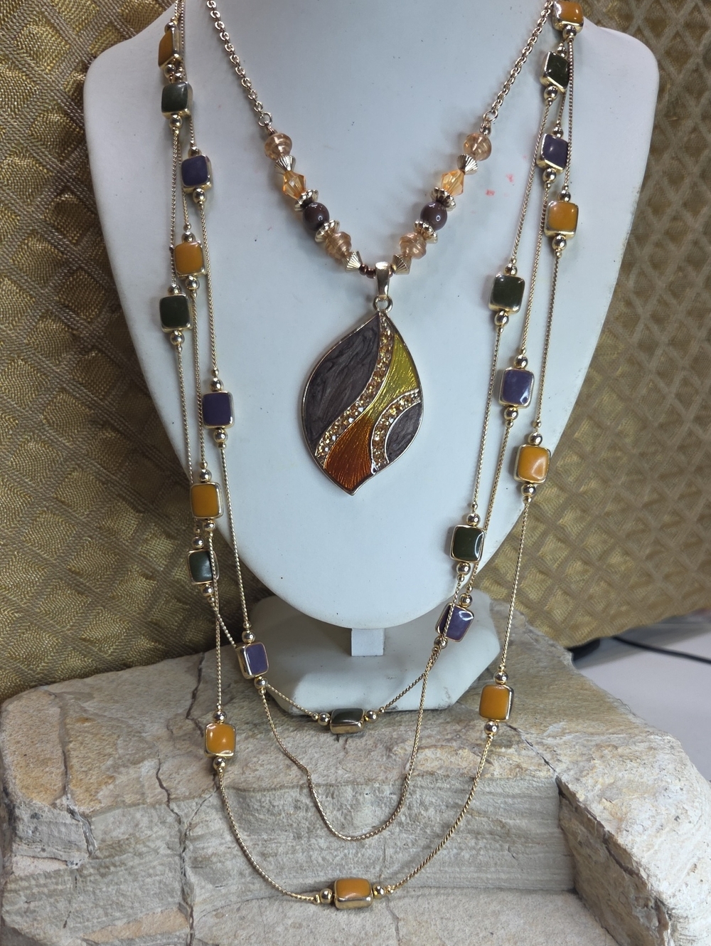 Bundle of 2 necklaces Multi strand Enamel Amber, purple, honey, brown colors